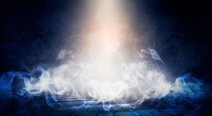 The background of an empty room with brick walls and concrete floor tiles. Neon light, spotlight, smoke