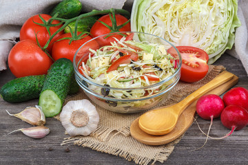 Fresh vegetables and vegetable salad in dishes