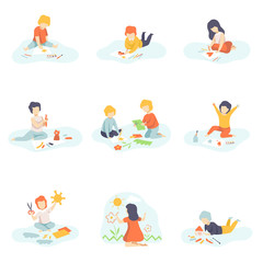 Collection of Boys and Girls Sitting on Floor Painting, Cutting with Scssors, Drawing with Pencils, Modelling from Plasticine, Kids Creativity, Education, Development Vector Illustration