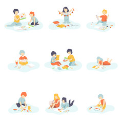 Boys and Girls Sitting on Floor Painting, Cutting, Drawing, Modelling from Plasticine, Kids Creativity, Education, Development Vector Illustration