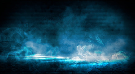 The background of an empty room with brick walls and concrete floor tiles. Neon light, spotlight, smoke