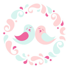 Lovebird with petal circle frame - pastel color