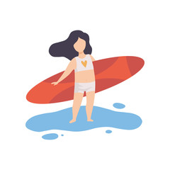 Cute  Girl in Swimsuit Standing with Surfboard on Beach, Kid Going to Surfing Vector Illustration