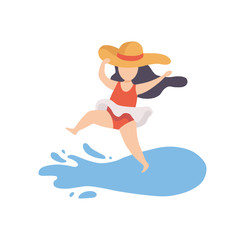 Fototapeta na wymiar Cute Girl Wearing Swimsuit and Hat Having Fun on Beach on Summer Holidays Vector Illustration