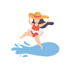 Cute  Girl Wearing Swimsuit and Hat Having Fun on Beach on Summer Holidays Vector Illustration