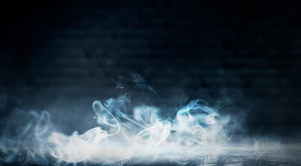 The background of an empty room with brick walls and concrete floor tiles. Neon light, spotlight, smoke