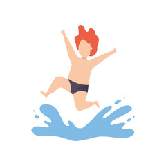 Cute Happy Boy Jumping in Water, Kid Having Fun on Beach on Summer Holidays Vector Illustration