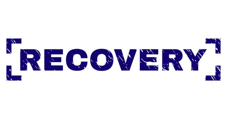 RECOVERY label seal watermark with corroded texture. Text label is placed inside corners. Blue vector rubber print of RECOVERY with grunge texture.