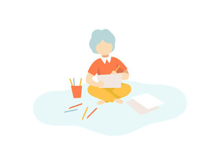 Cute Boy Sitting on Floor and Drawing with Pencils, Kids Creativity, Education, Development Vector Illustration