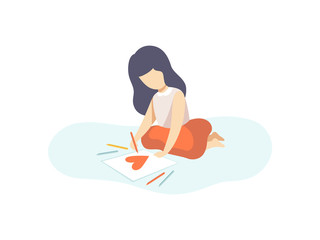 Lovely Girl Sitting on Floor and Drawing Heart with Pencils, Kids Creativity, Education, Development Vector Illustration