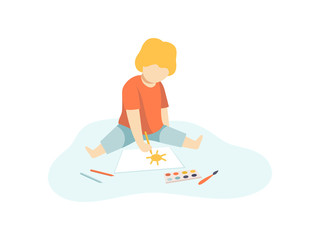 Cute Boy Sitting on Floor and Drawing with Paints and Pencils on Sheet of Paper, Kids Creativity, Education, Development Vector Illustration
