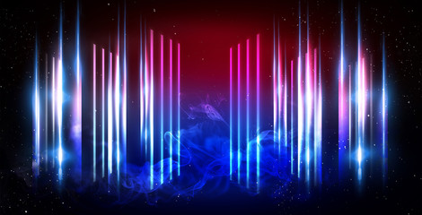 Background of an empty room at night with smoke and neon light. Dark abstract background. Background of an empty show scene. 3D rendering