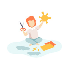 Cute Boy Sitting on Floor and Cutting Application Details, Kids Creativity, Education, Development Vector Illustration