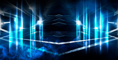 Tunnel in blue neon light, underground passage. Abstract blue background. Background of an empty black corridor with neon light. Abstract background with lines and glow