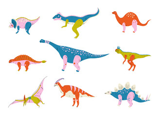 Collection of Colorful Dinosaurs, Brontosaurus, Tyrannosaurus, Ankylosaurus, Tsintaosaurus, Pterodactyl, Parasaurolophus, Stegosaurus, Carnotaurus, Cute Prehistoric Animals