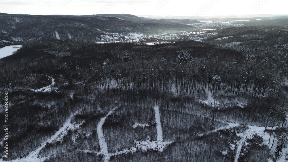 Wall mural aerial view of a snowy dark forest during sunset.