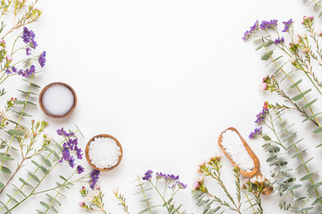 Bio herbal green cosmetic arrangement, sea salt and handmade cosmetic.