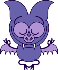 Cool purple bat with big pointy ears and sharp fangs performing a deep meditation in seated position. It's happily smiling while doing a Gyan mudra sign with both hands