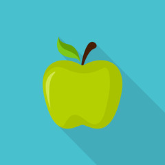 Green apple icon with long shadow on blue background, flat design style