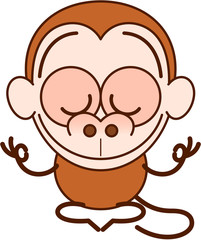 Nice cartoon monkey with brown fur and long tail performing a placid meditation in seated position. It's happily smiling while doing a Gyan mudra sign with both hands