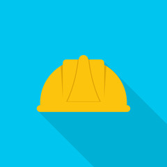 Safety helmet icon with long shadow on blue background, flat design style