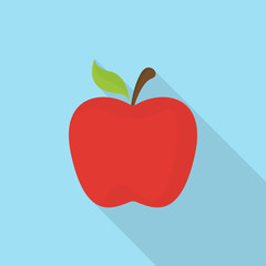 Red apple icon with long shadow on blue background, flat design style