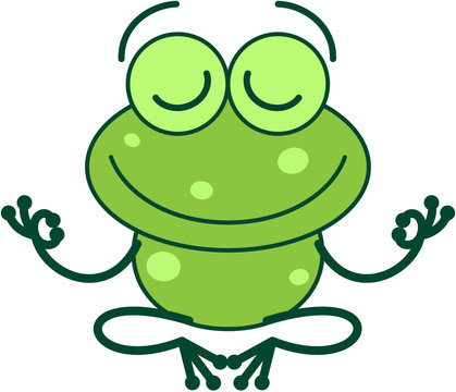 Cool green frog with long legs and arms doing a Gyan mudra sign with both hands. It's happily smiling while seated in peaceful meditation