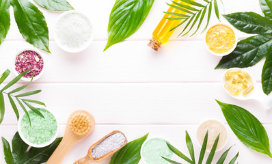 Beauty and fashion concept with spa set on pastel rustic wooden background.