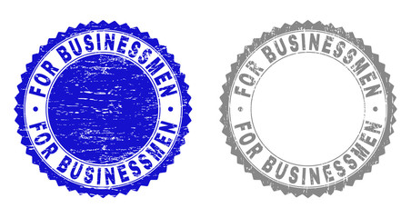 Grunge FOR BUSINESSMEN stamp seals isolated on a white background. Rosette seals with grunge texture in blue and gray colors. Vector rubber overlay of FOR BUSINESSMEN tag inside round rosette.