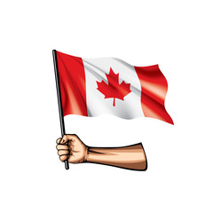 Canada flag and hand on white background. Vector illustration