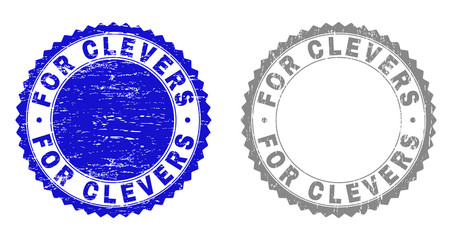 Grunge FOR CLEVERS stamp seals isolated on a white background. Rosette seals with grunge texture in blue and grey colors. Vector rubber stamp imitation of FOR CLEVERS caption inside round rosette.