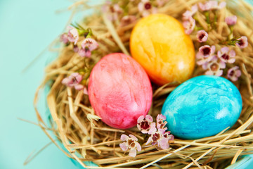 Bunte Ostereier im Nest als Ostern Hintergrund