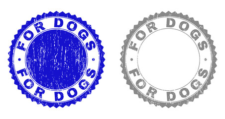 Grunge FOR DOGS stamp seals isolated on a white background. Rosette seals with grunge texture in blue and grey colors. Vector rubber stamp imitation of FOR DOGS text inside round rosette.