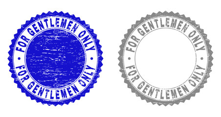 Grunge FOR GENTLEMEN ONLY stamp seals isolated on a white background. Rosette seals with grunge texture in blue and gray colors. Vector rubber overlay of FOR GENTLEMEN ONLY label inside round rosette.