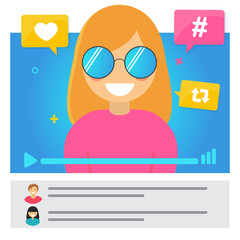 Blond Girl video blogger concept. Popular Young Video Streamer Blogger Girl, Woman. Fashion Blog. Online Channel. Hashtag, like, repost symbols. Vector illustration.