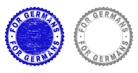 Grunge FOR GERMANS stamp seals isolated on a white background. Rosette seals with grunge texture in blue and grey colors. Vector rubber stamp imprint of FOR GERMANS label inside round rosette.