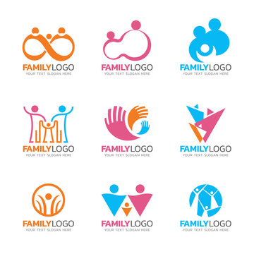 Orang pink and blue tone Family logo sign , human group sign vector set design