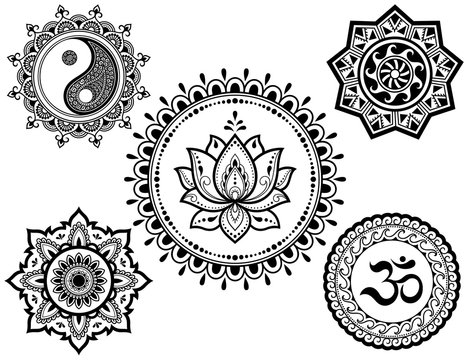 Set of circular patterns in form of Mandala with religious symbols. Oriental signs OM, Yin-Yang, lotus flower, sun for Henna, Mehndi, tattoo, decoration. Decorative ornament in ethnic style.