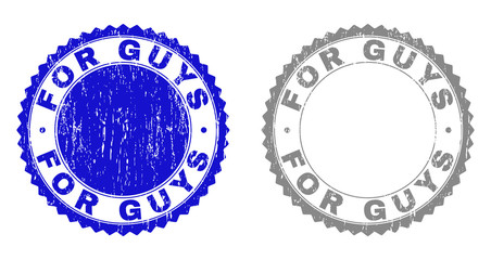 Grunge FOR GUYS stamp seals isolated on a white background. Rosette seals with grunge texture in blue and grey colors. Vector rubber stamp imprint of FOR GUYS label inside round rosette.