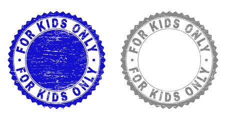 Grunge FOR KIDS ONLY stamp seals isolated on a white background. Rosette seals with grunge texture in blue and gray colors. Vector rubber overlay of FOR KIDS ONLY caption inside round rosette.