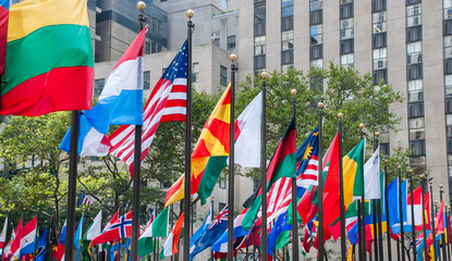 Rows of flags of all nations next to UN in New York City. Usa