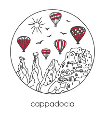 Vector illustration of a famous turkish travel destination Cappadocia and its symbols in a circle frame. Hand drawn doodle objects in black outline and red color blocks on white background. - Vector 
