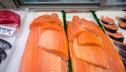The salmon fillet sold at local farm market in Philadelphia