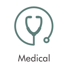Logotipo abstracto con texto Medical con círculo lineal como estetoscopio color gris