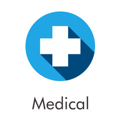 Fototapeta premium Logotipo abstracto con texto Medical con cruz blanca con sombra en circulo color azul