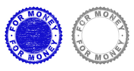 Grunge FOR MONEY stamp seals isolated on a white background. Rosette seals with distress texture in blue and grey colors. Vector rubber watermark of FOR MONEY caption inside round rosette.