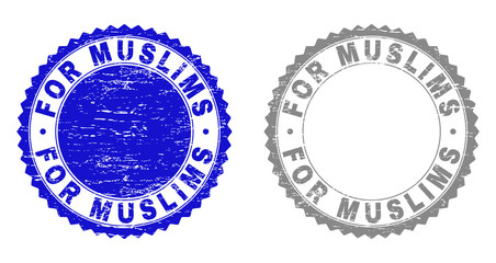 Grunge FOR MUSLIMS watermarks isolated on a white background. Rosette seals with grunge texture in blue and grey colors. Vector rubber stamp imprint of FOR MUSLIMS caption inside round rosette.