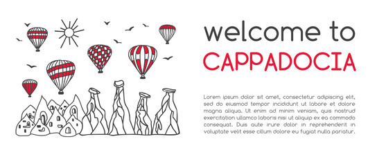 Vector illustration of a famous turkish travel destination Cappadocia and its symbols: fairy chimneys, caves and bright hot air balloons. Card design with hand drawn doodle elements and place for text