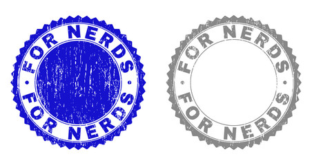 Grunge FOR NERDS stamp seals isolated on a white background. Rosette seals with grunge texture in blue and gray colors. Vector rubber stamp imprint of FOR NERDS tag inside round rosette.