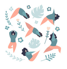 Set of vector illustrations of plus size women in different yoga poses. Modern flat characters. Cute oversized girls in pastel colors with blue doodle flowers, leaves and twigs isolated on white. - Ve